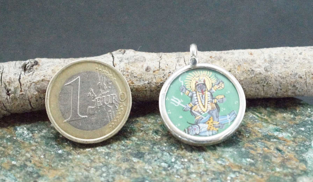 925 Silver Lord Kali Handpainted Glass Pendant Designer Frame