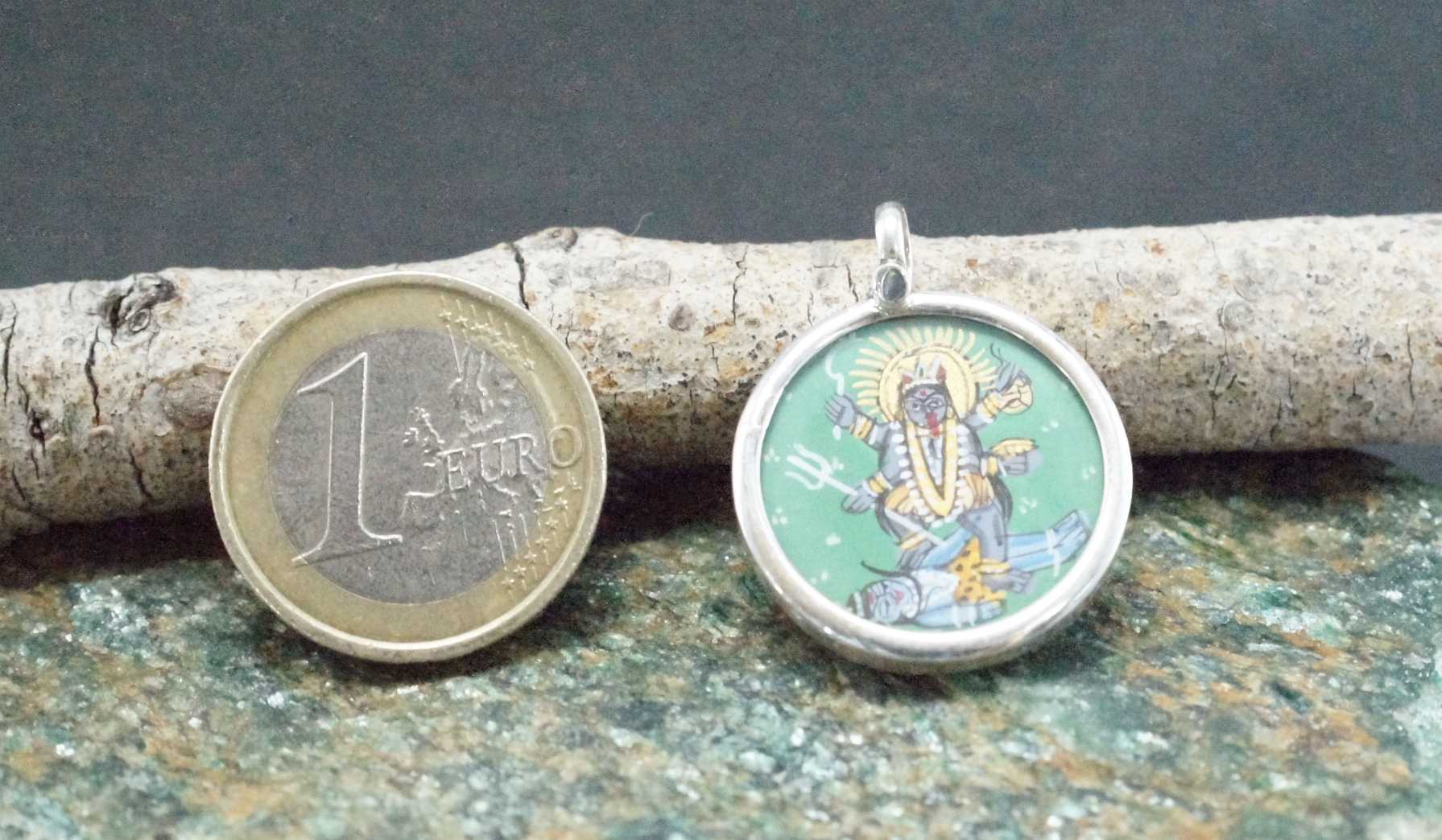 925 Silver Lord Kali Handpainted Glass Pendant Designer Frame