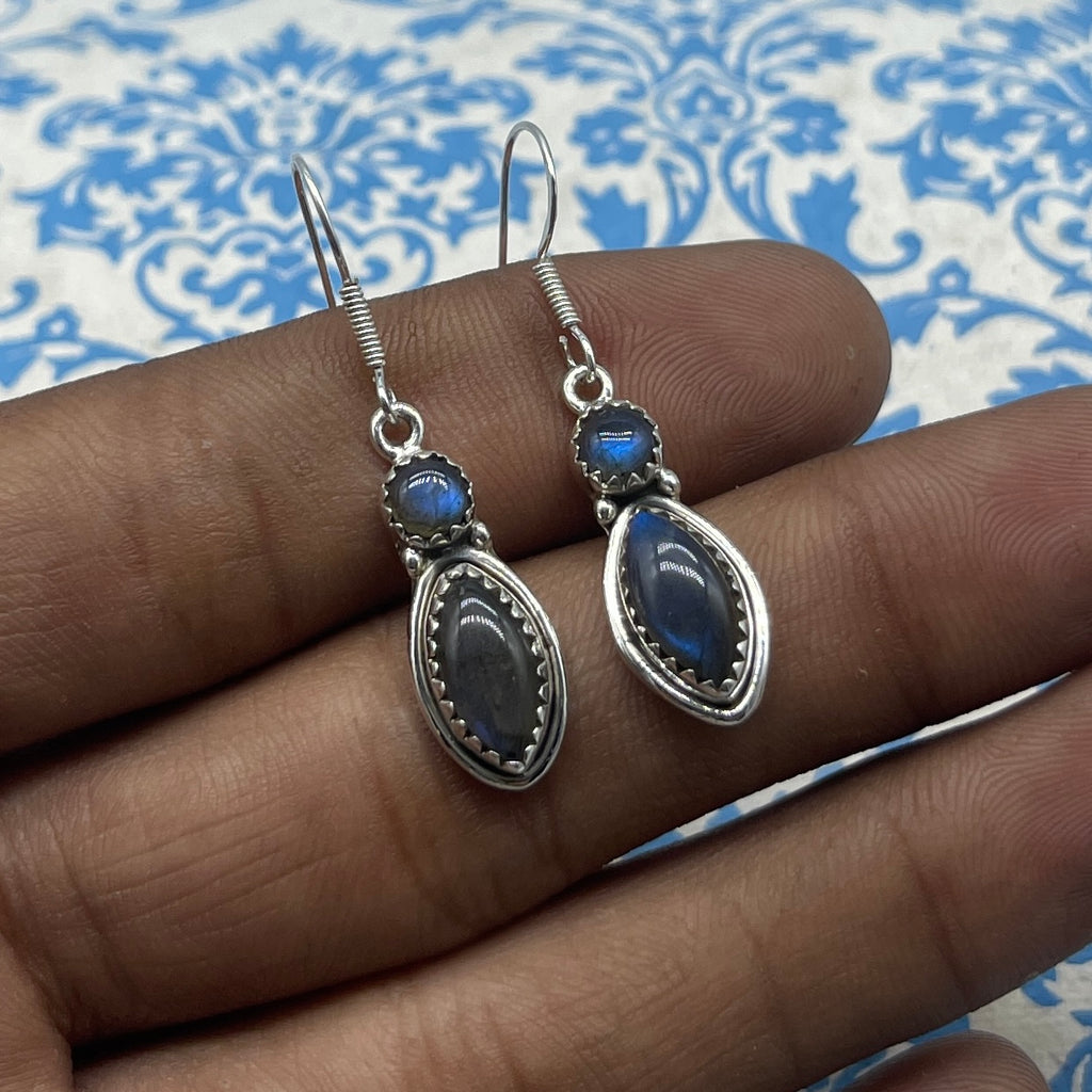 Natural Labradorite Dangle Earrings with Handmade Silver Work