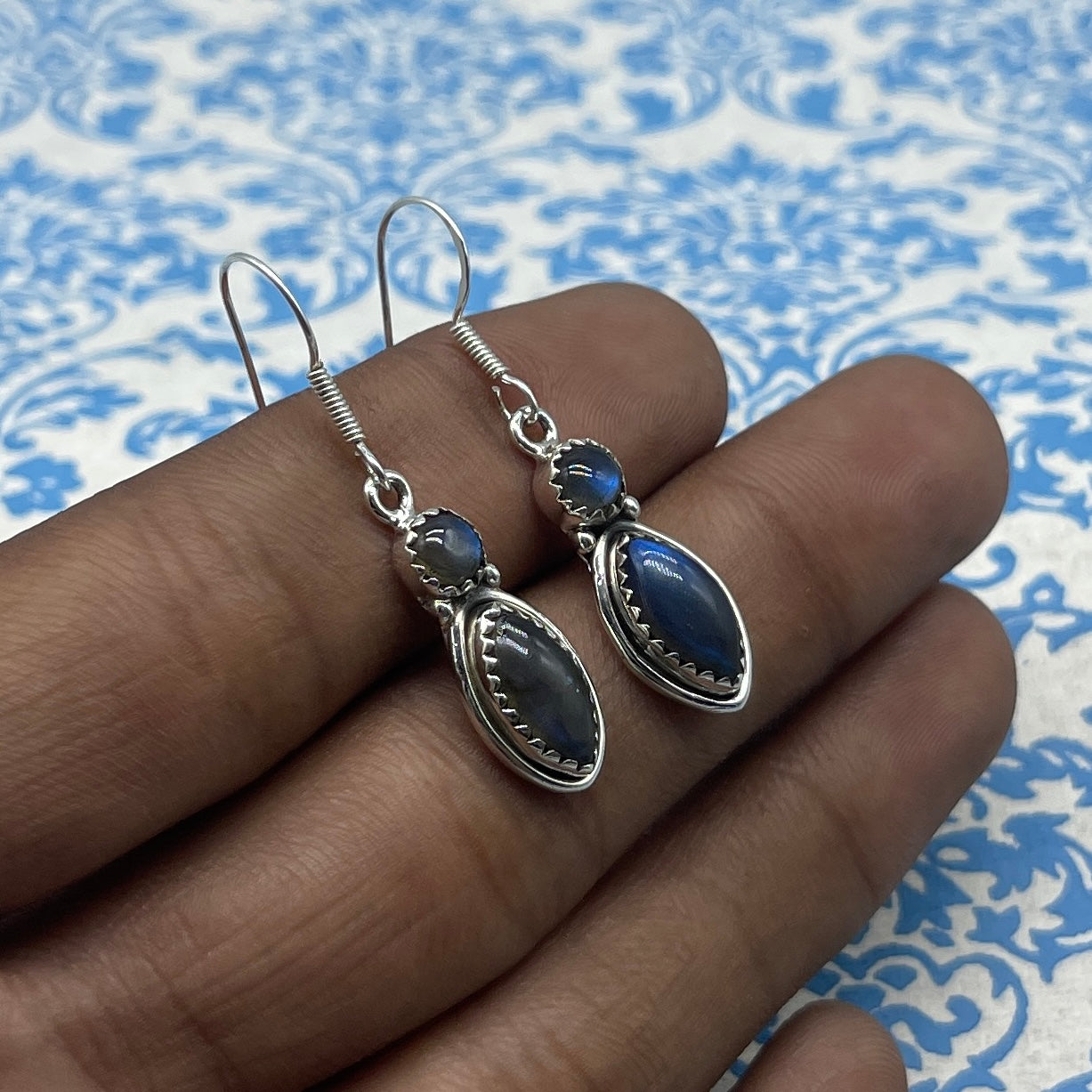 Natural Labradorite Dangle Earrings with Handmade Silver Work