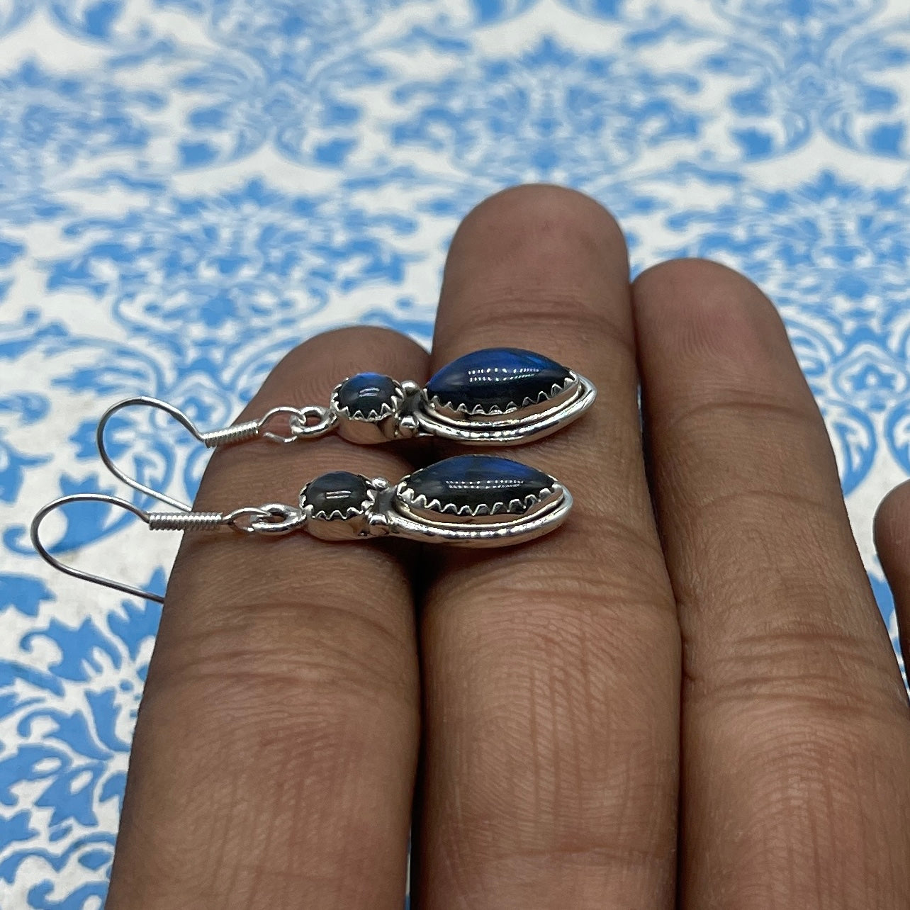 Natural Labradorite Dangle Earrings with Handmade Silver Work