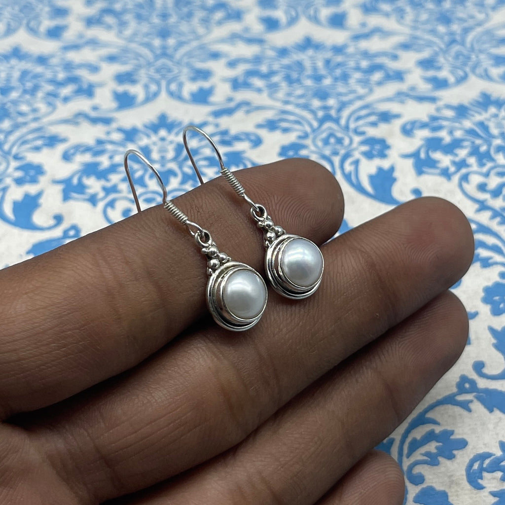Boho Round Shape Pearl  Silver Earrings – Elegant Everyday Wear