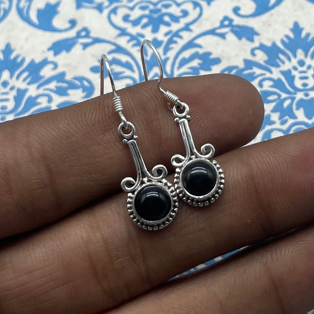 925 Sterling Silver Black Onyx Round Shape Earring