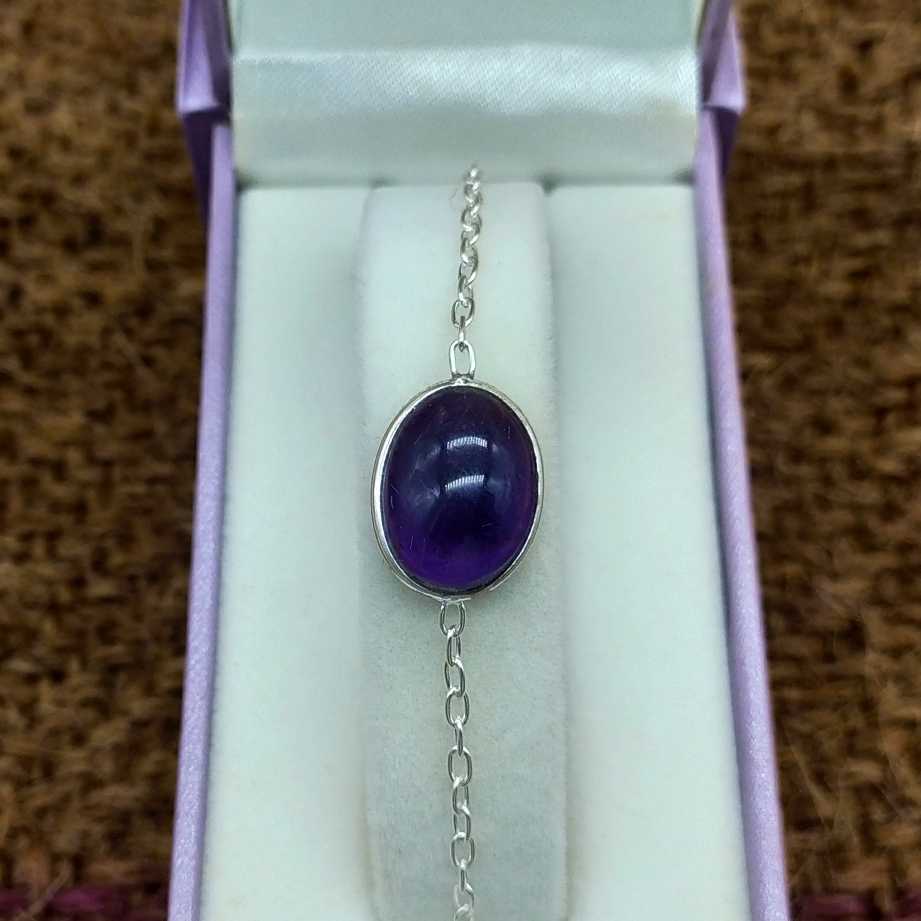 Oval Shape Cabochon Amethyst Gemstone Handmade Sterling Silver 925 Chain Bracelet