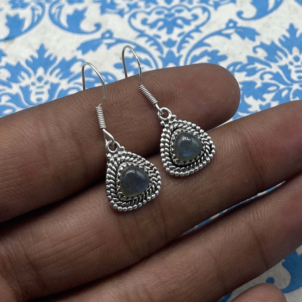 Natural Labradorite Dangle Earrings with Handmade Silver Work