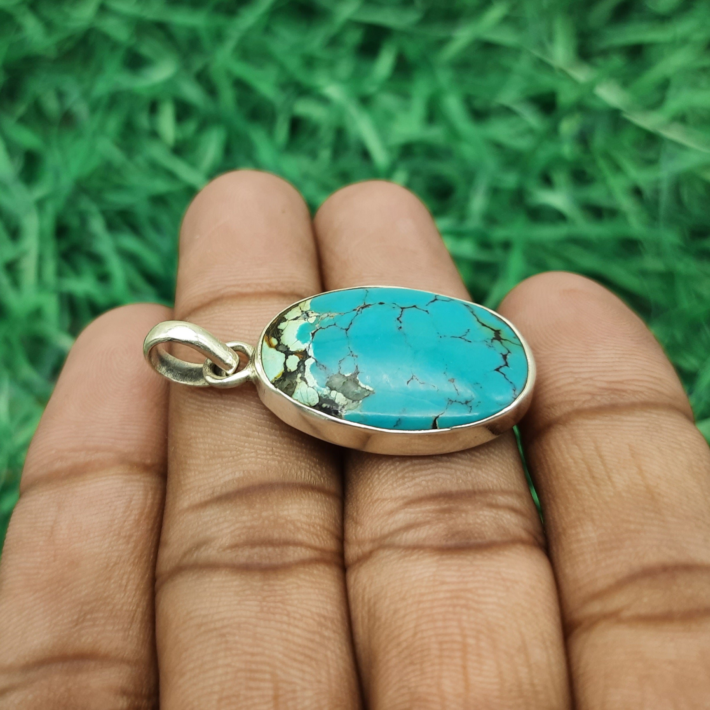 925 Sterling Silver Tibetan Firoza Pendant – Natural Turquoise Nepali Handmade Jewelry