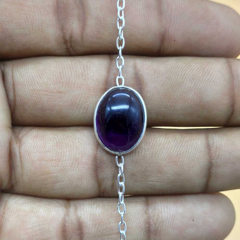 Oval Shape Cabochon Amethyst Gemstone Handmade Sterling Silver 925 Chain Bracelet