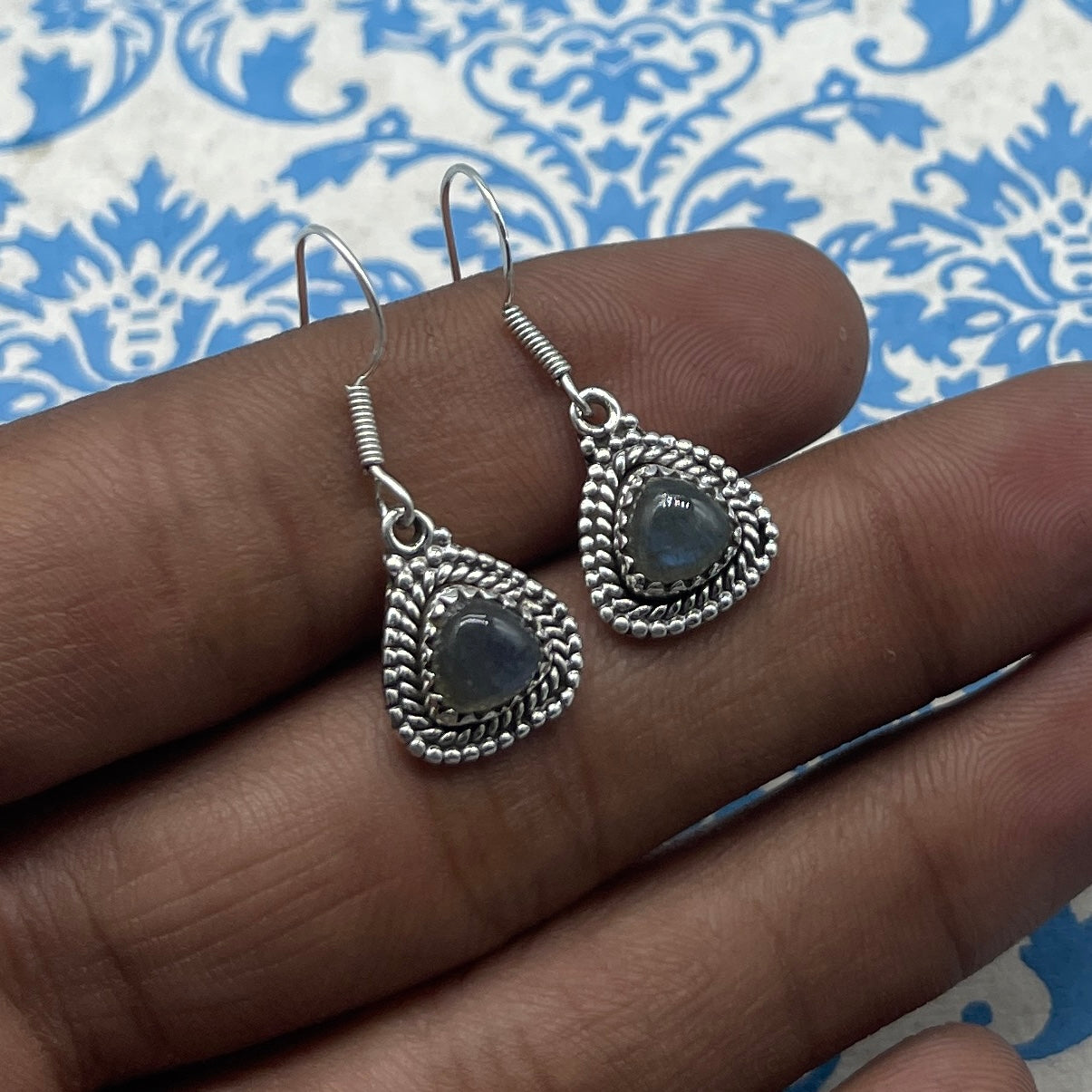 Natural Labradorite Dangle Earrings with Handmade Silver Work