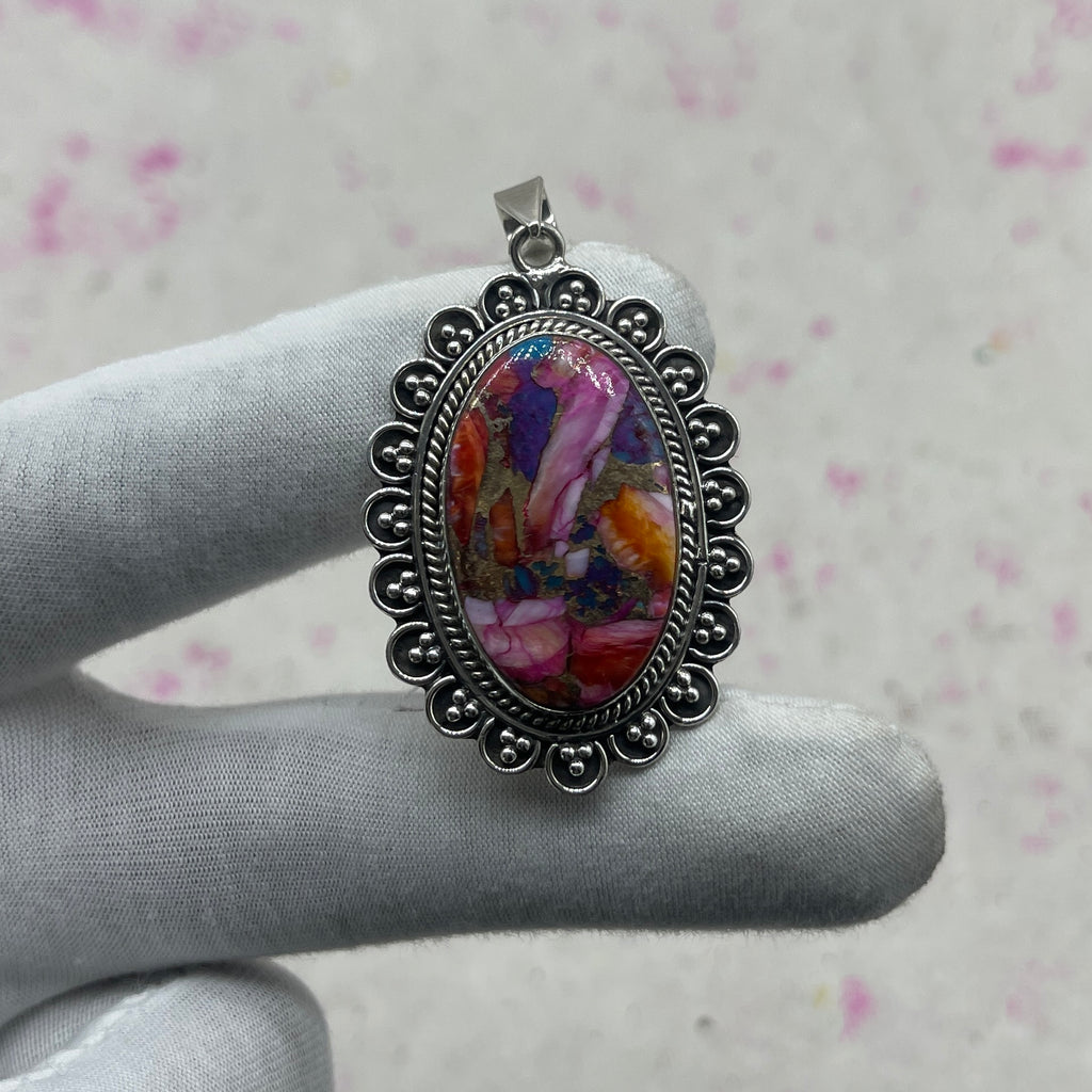 Pink Dahlia Turquoise 925 Sterling Silver Pendant – Handmade Boho Jewelry