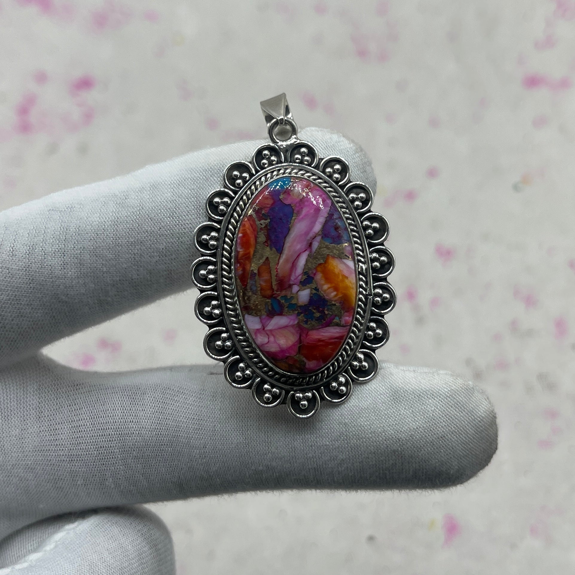 Pink Dahlia Turquoise 925 Sterling Silver Pendant – Handmade Boho Jewelry