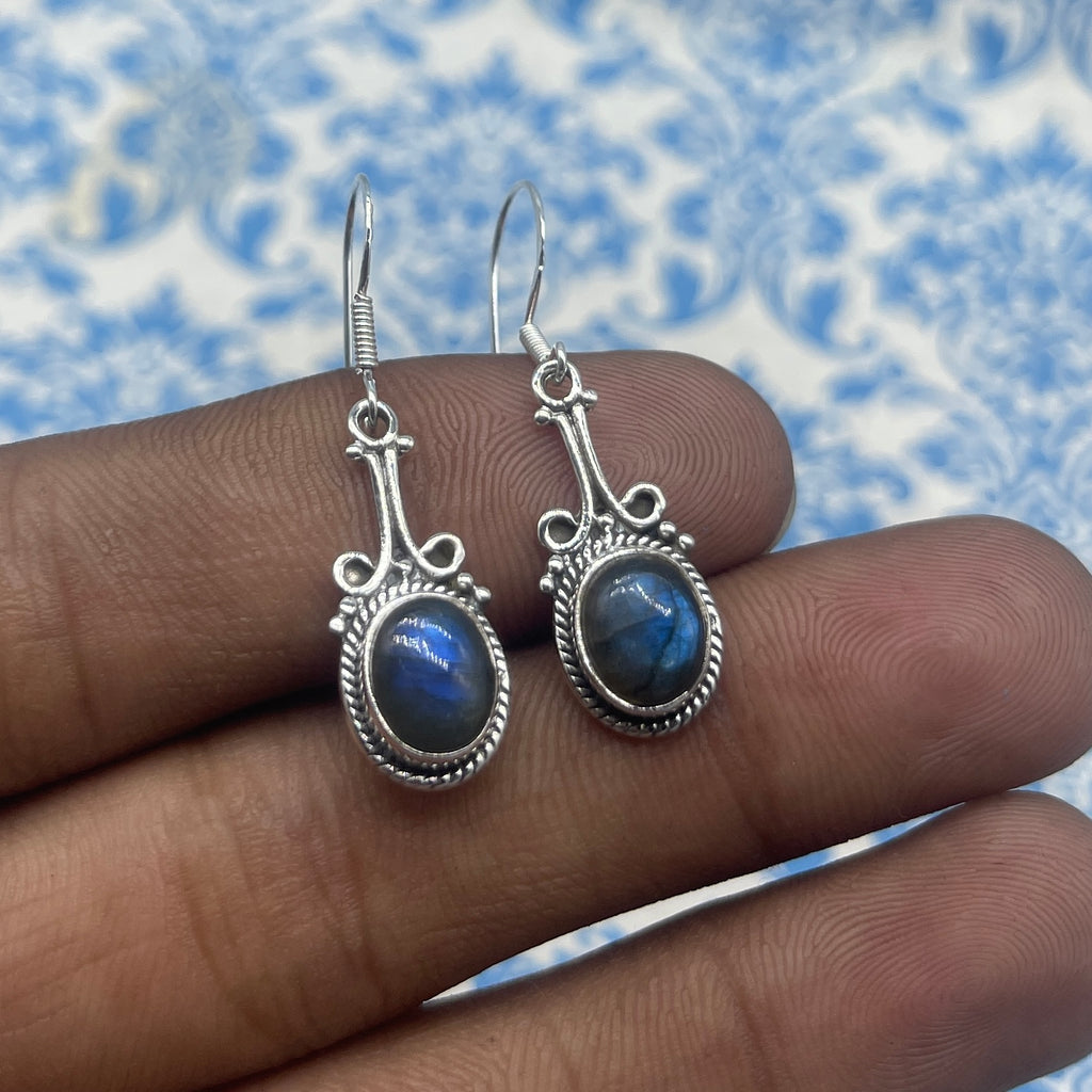 925 Silver Labradorite Oval Shape Dangle Earrings with Handmade Silver Work