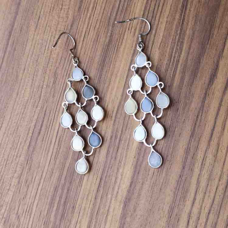 Blue Druzy & White Stone 925 Sterling Silver Chandelier Earrings