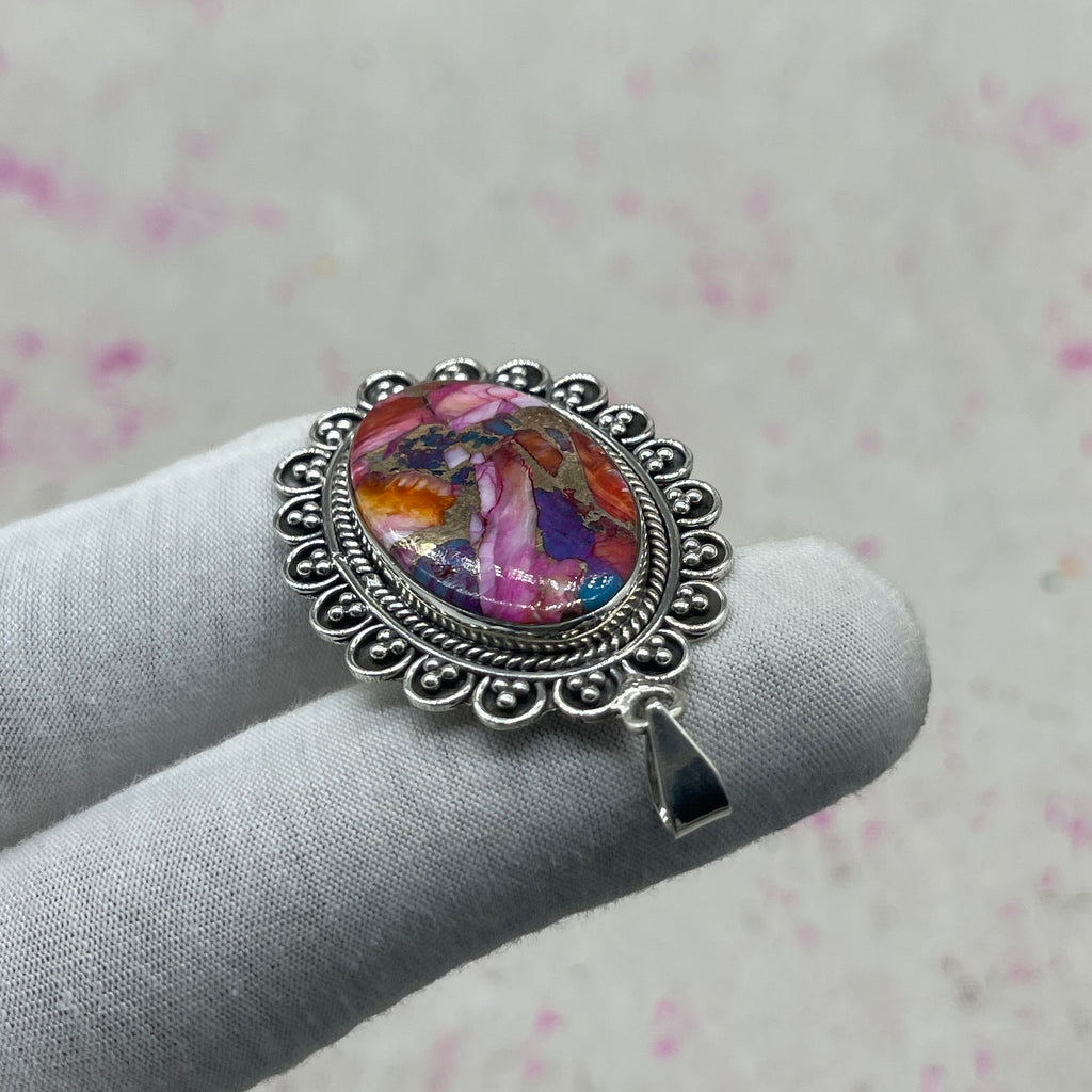 Pink Dahlia Turquoise 925 Sterling Silver Pendant – Handmade Boho Jewelry