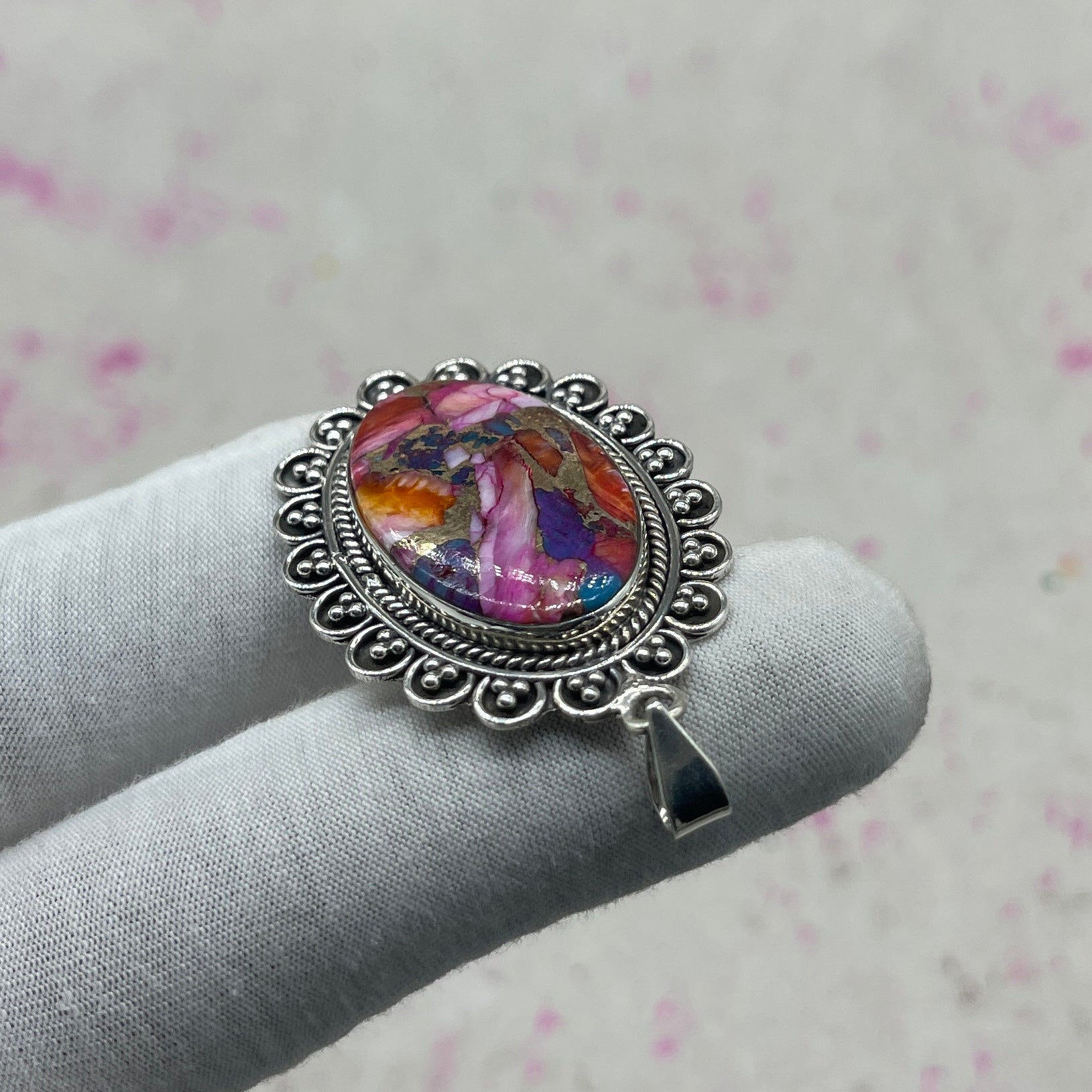 Pink Dahlia Turquoise 925 Sterling Silver Pendant – Handmade Boho Jewelry