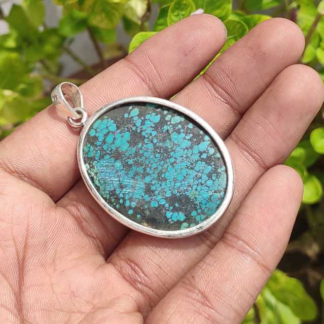 Natural Tibetan Turquoise Gemstone Solid 925 Sterling Silver Pendant Handmade