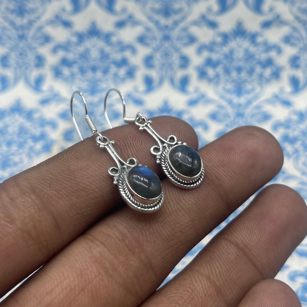 925 Silver Labradorite Oval Shape Dangle Earrings with Handmade Silver Work