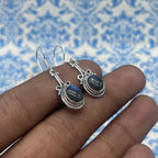925 Silver Labradorite Oval Shape Dangle Earrings with Handmade Silver Work