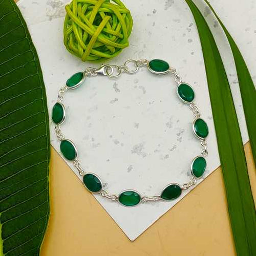 925 Silver Bezel Work Oval Green  Onyx Gemstone Bracelet