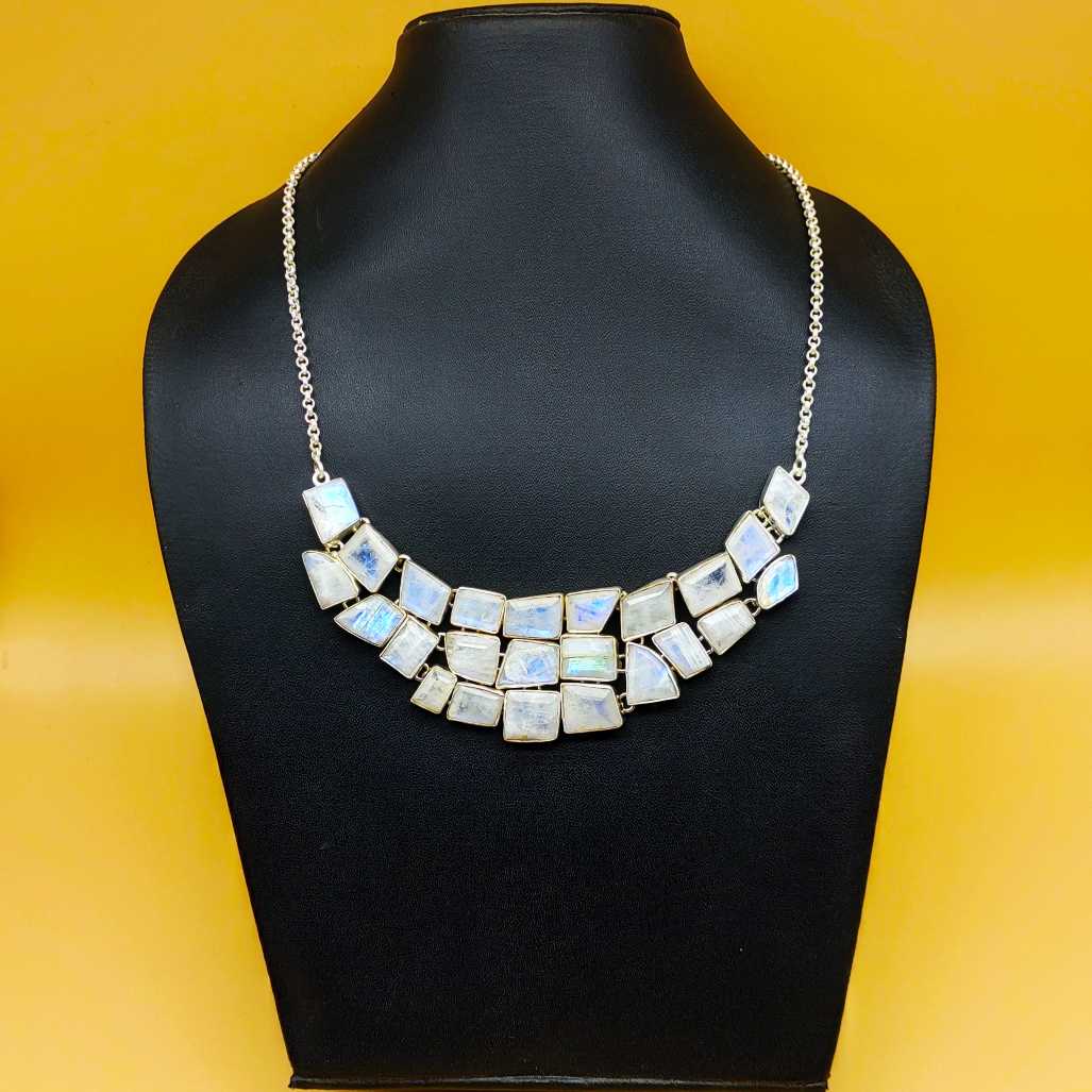 Rainbow Moonstone Chunky 925 Silver Boho Necklace Gift