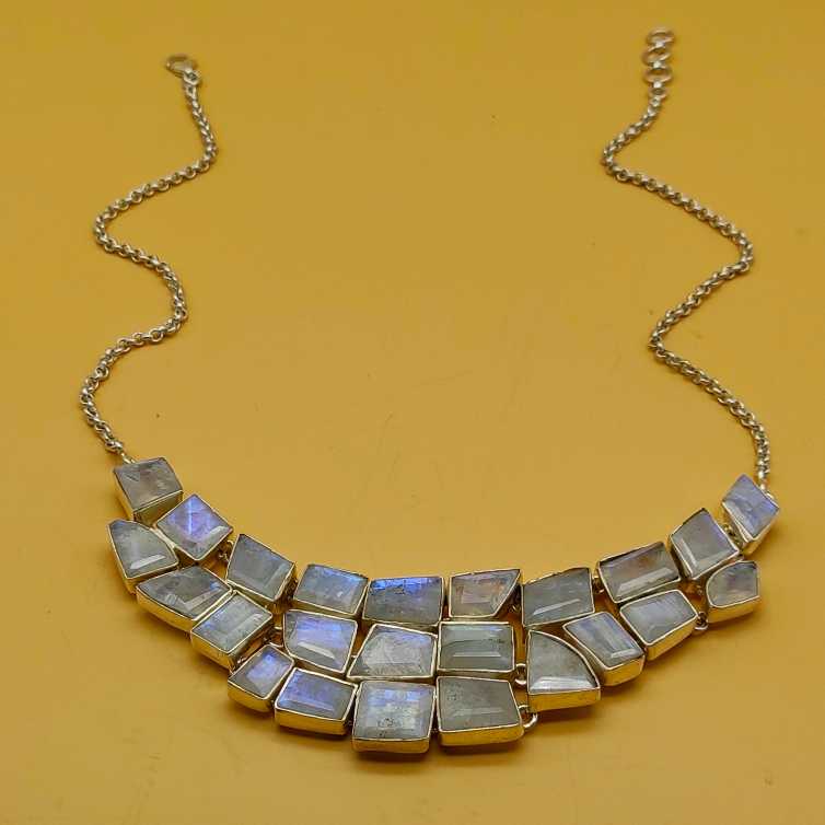 Rainbow Moonstone Chunky 925 Silver Boho Necklace Gift