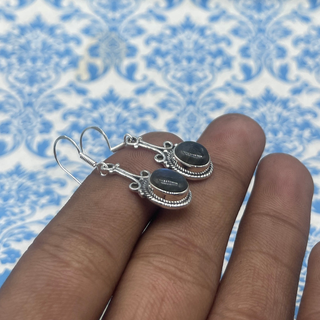 925 Silver Labradorite Oval Shape Dangle Earrings with Handmade Silver Work