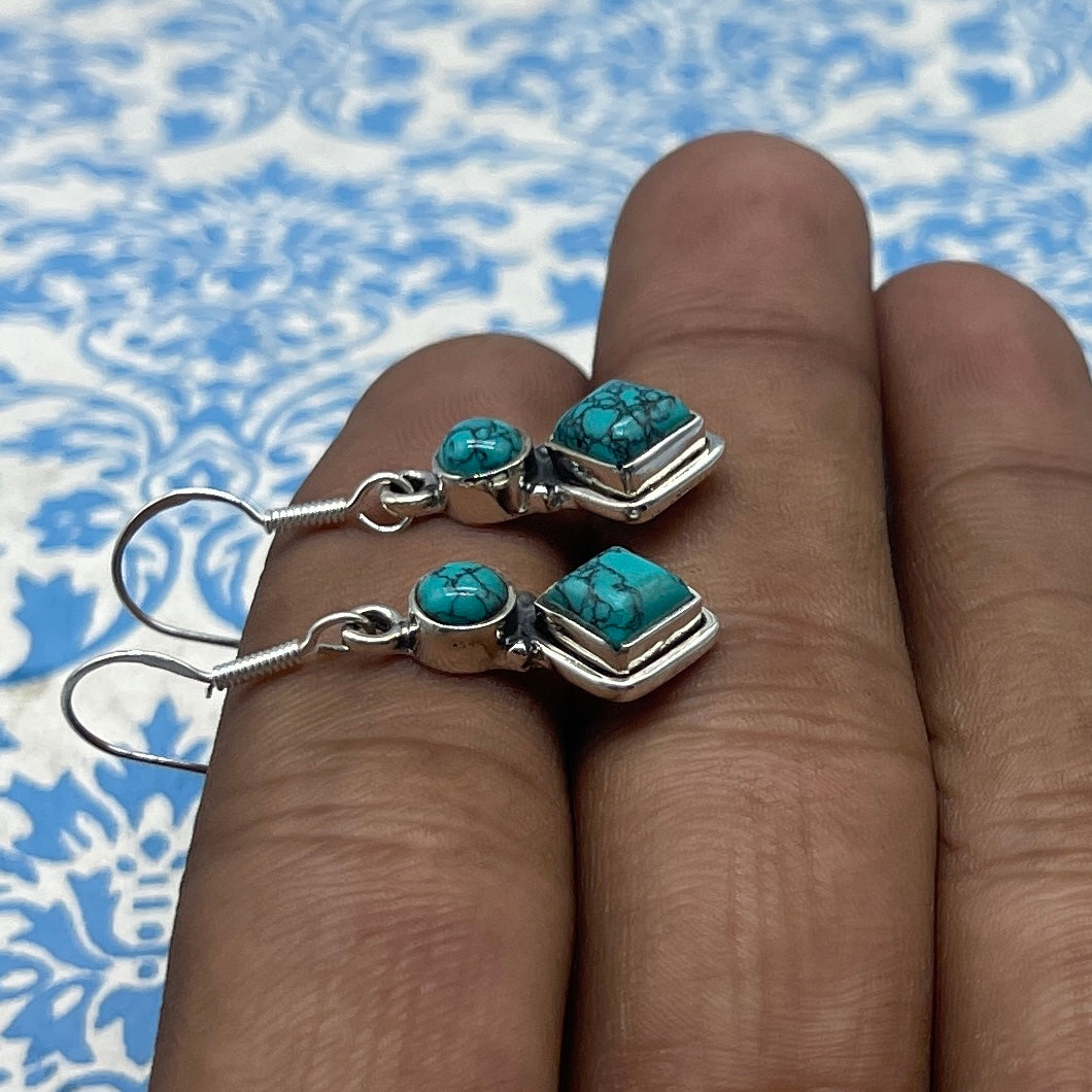 925 Sterling Silver Turquoise & Round Turquoise Earrings - Elegant Design