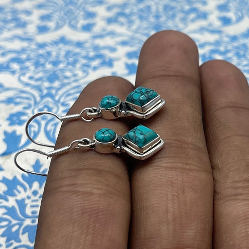 925 Sterling Silver Turquoise & Round Turquoise Earrings - Elegant Design