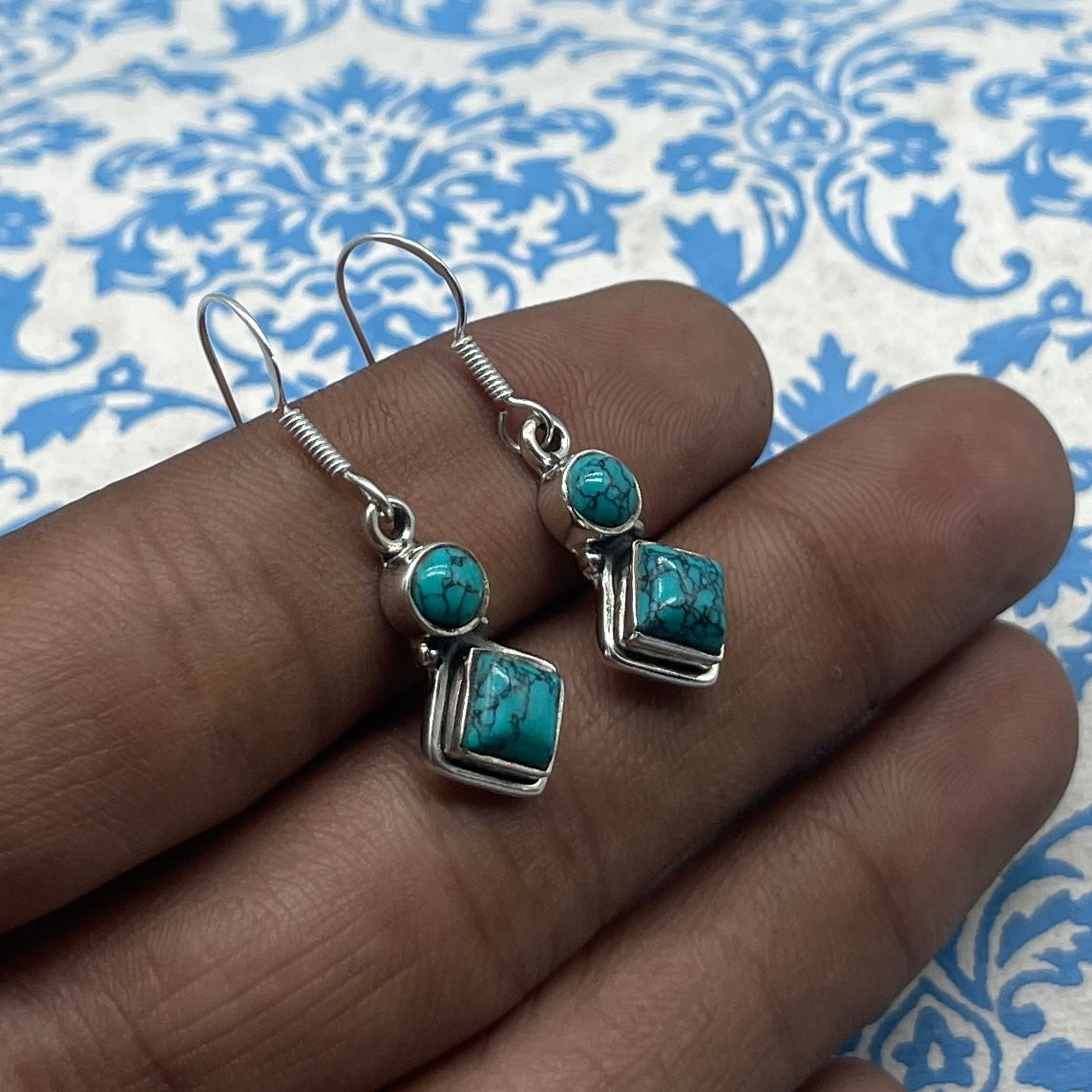 925 Sterling Silver Turquoise & Round Turquoise Earrings - Elegant Design