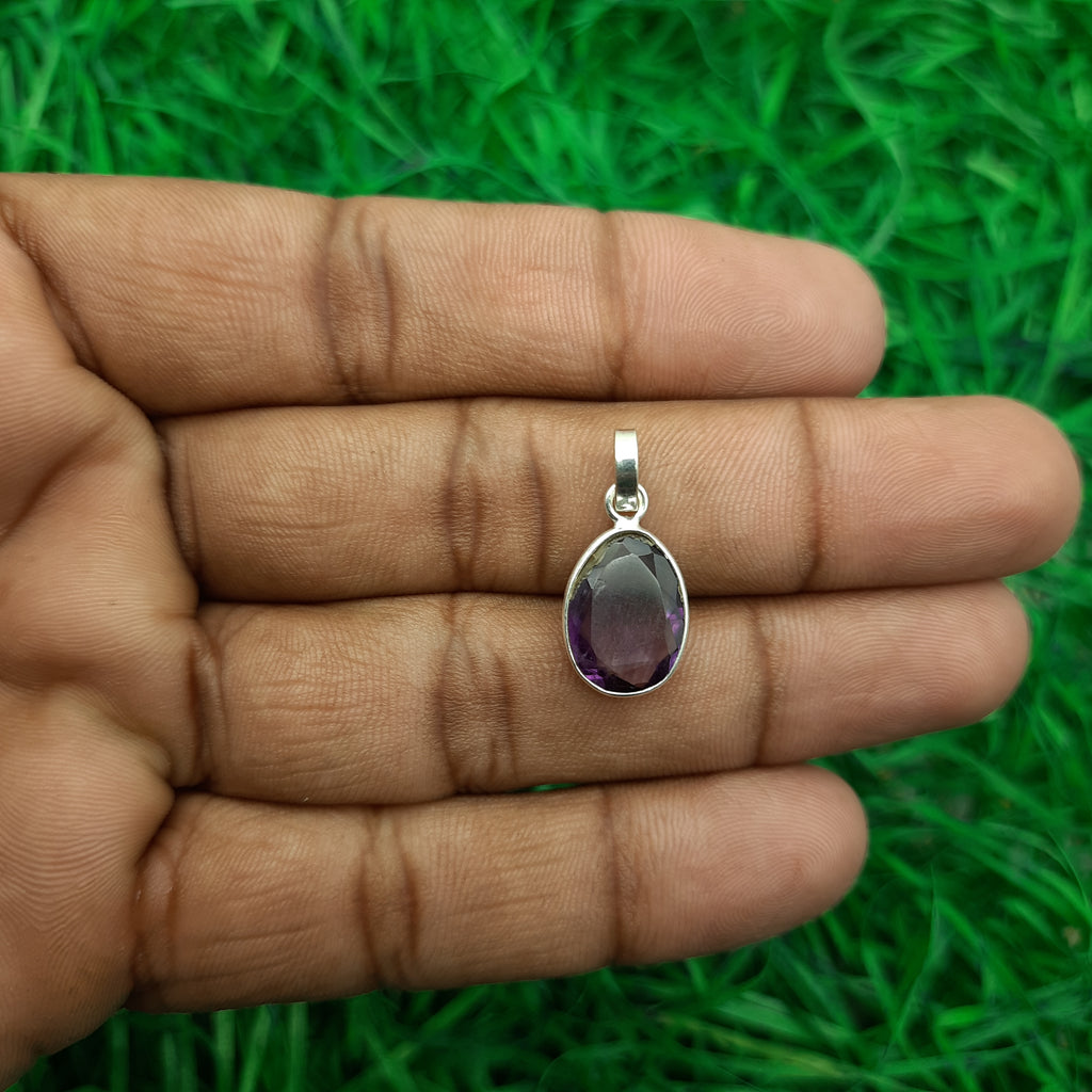 925 Sterling Silver Amethyst Faceted Pendant – Natural Gemstone Bohemian Handmade Jewelry
