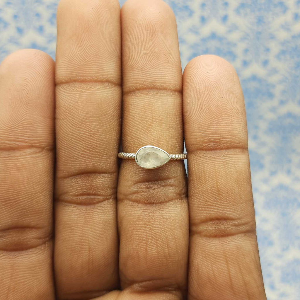 Faceted Rainbow Moonstone Drop Shape 925 Sterling Silver Ring