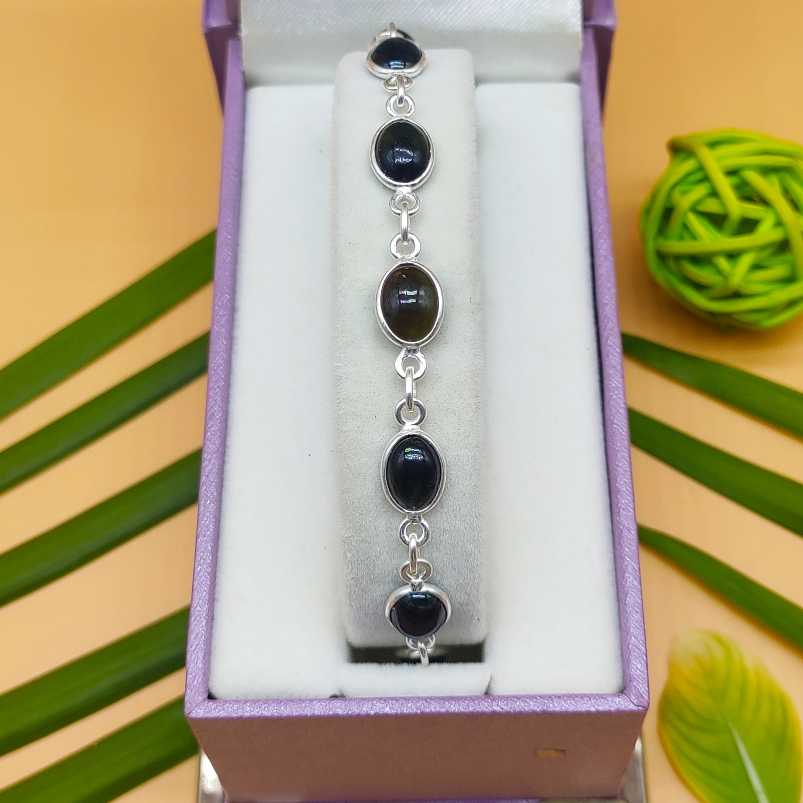 925 Silver Bezel Work Oval Black Onyx Gemstone Bracelet