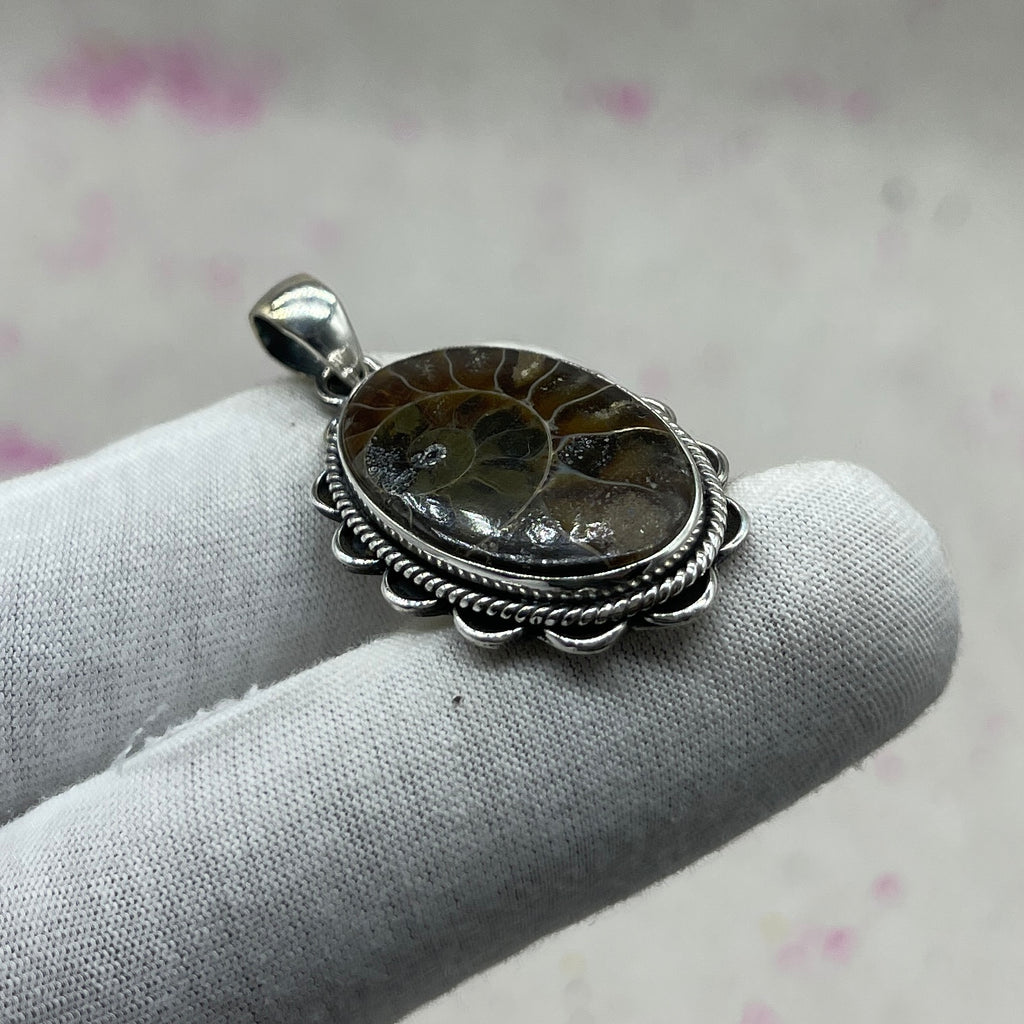 Ammonite Shell 925 Sterling Silver Handmade Pendant | Fossil Bohemian Statement Jewelry