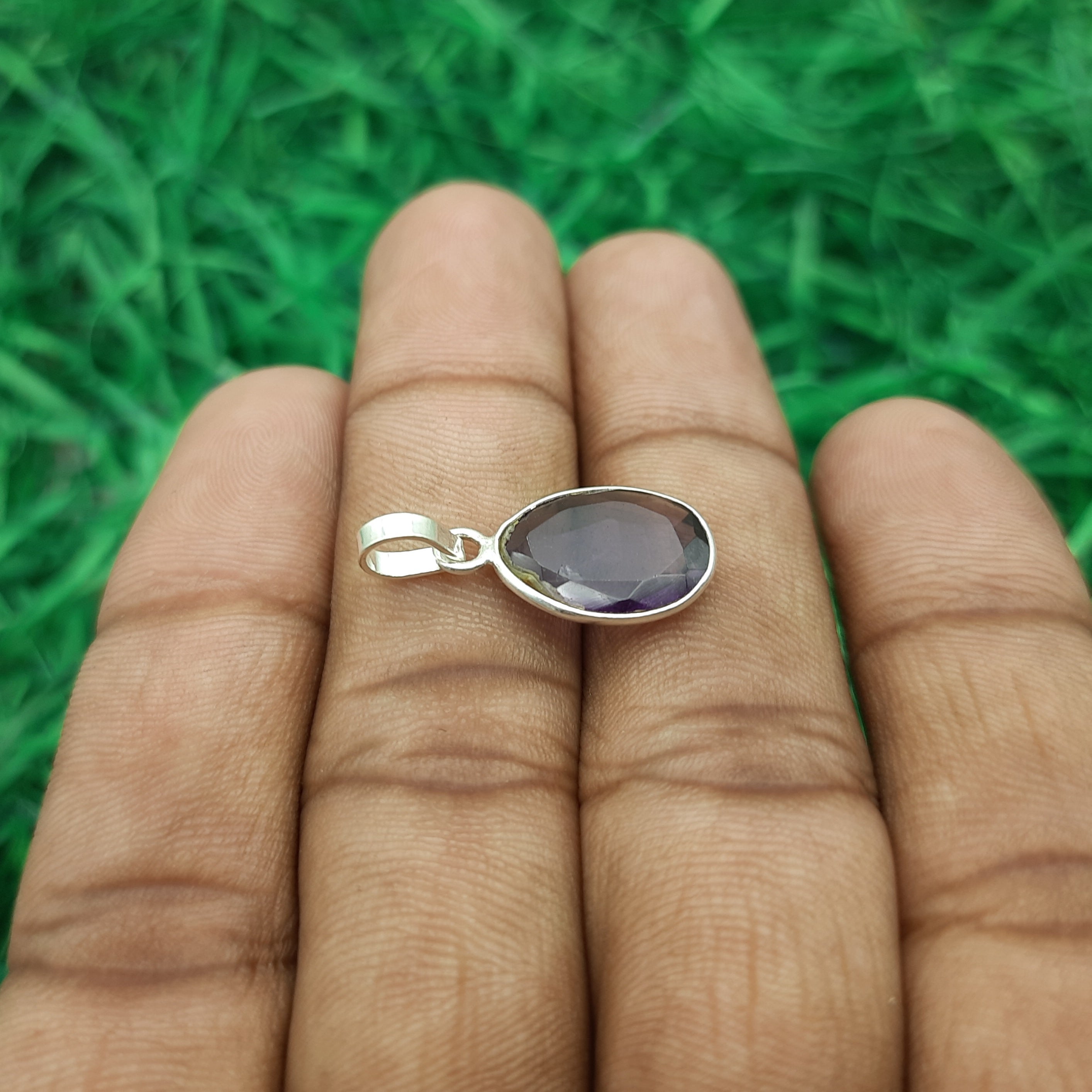 925 Sterling Silver Amethyst Faceted Pendant – Natural Gemstone Bohemian Handmade Jewelry