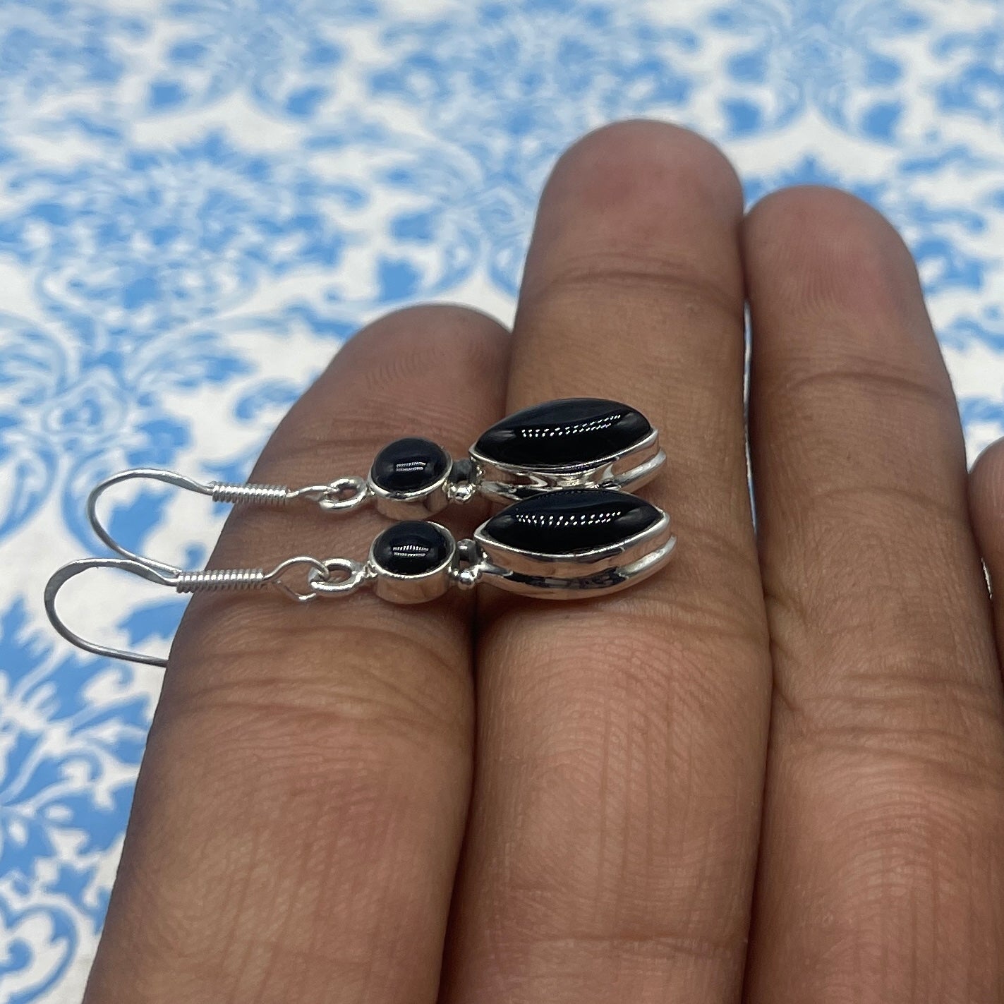 Elegant Black Onyx Silver Earrings – Marquise & Round Shape Design