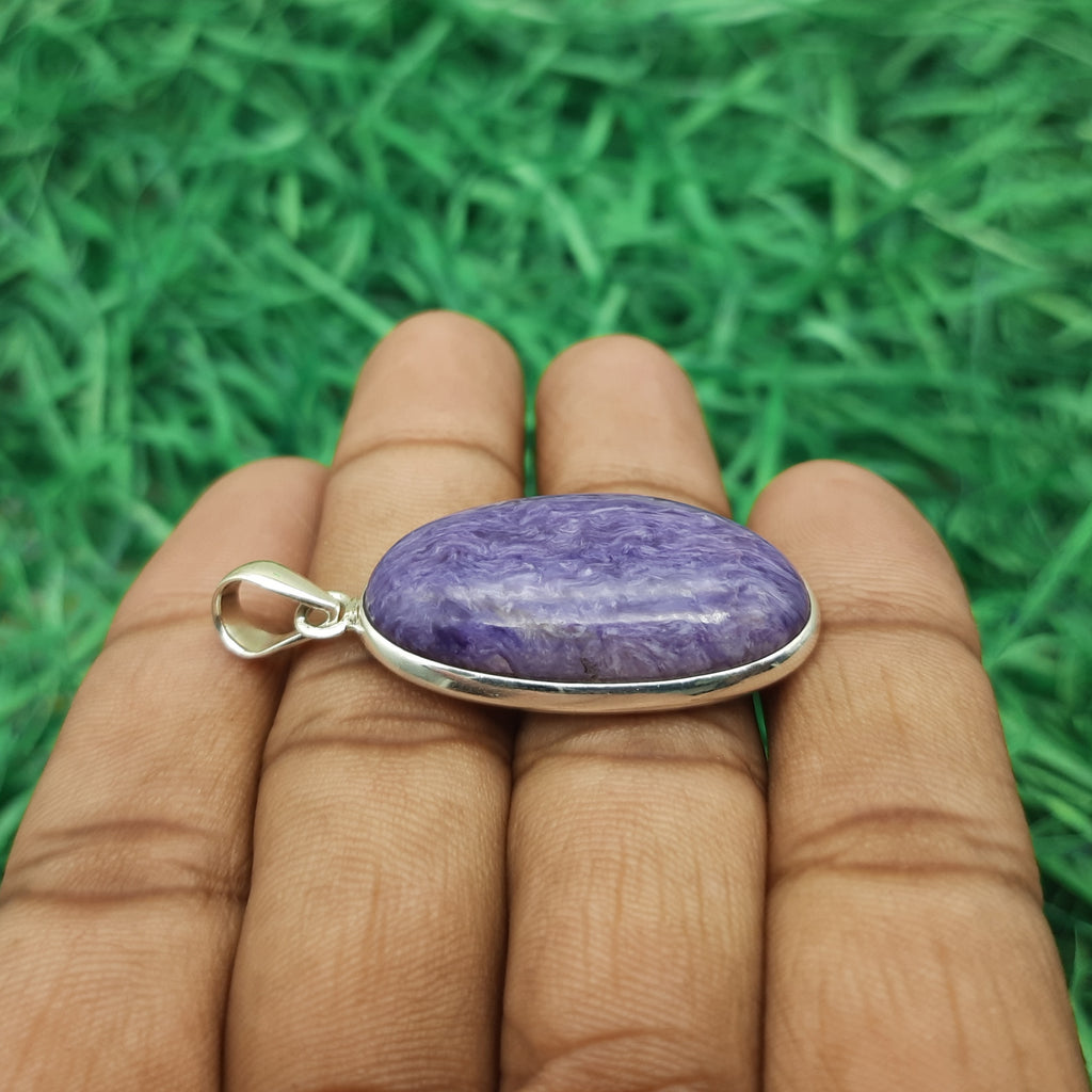 925 Sterling Silver Charoite Pendant – Natural Gemstone Handmade Nepali Jewelry