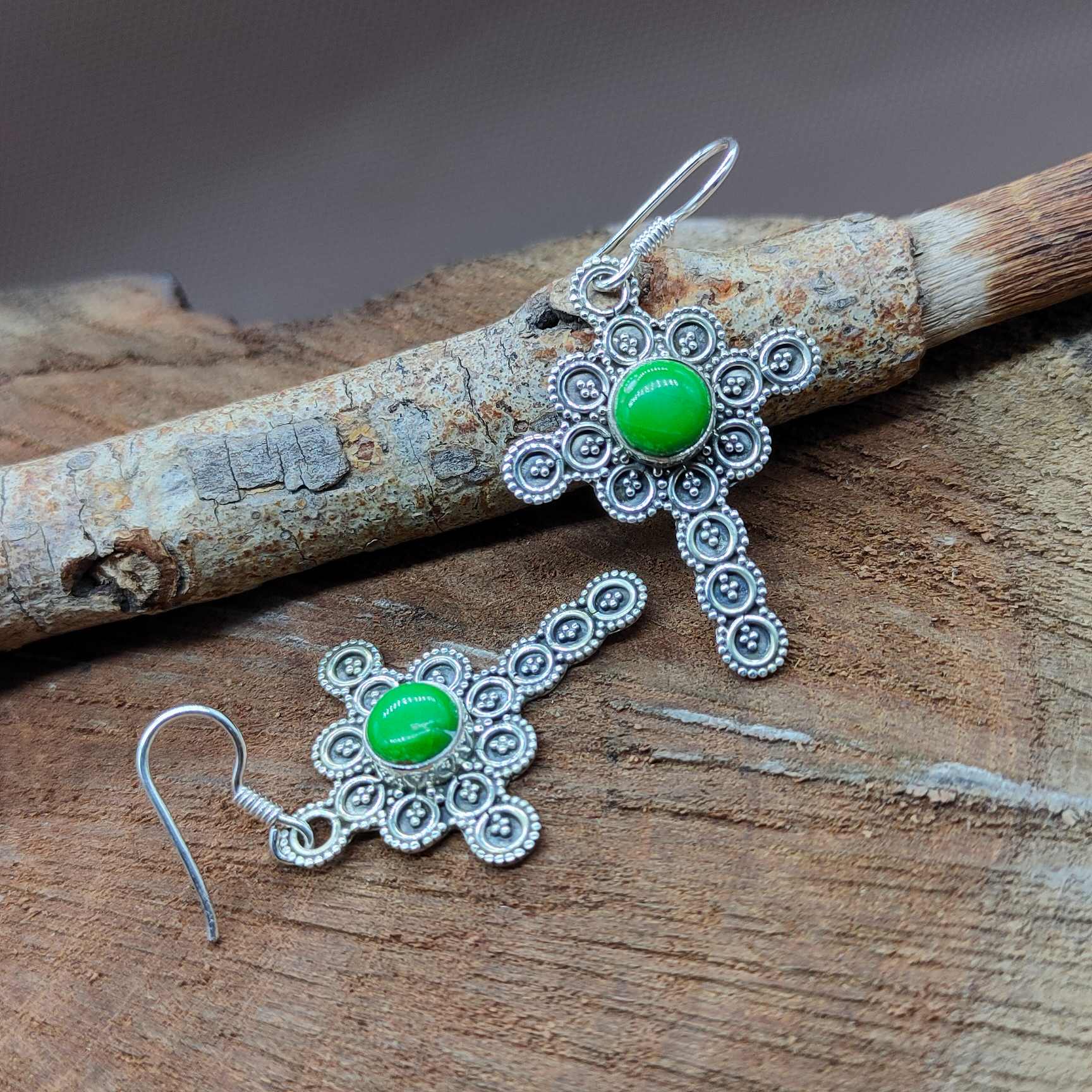 925 Sterling Silver Green Copper Earrings