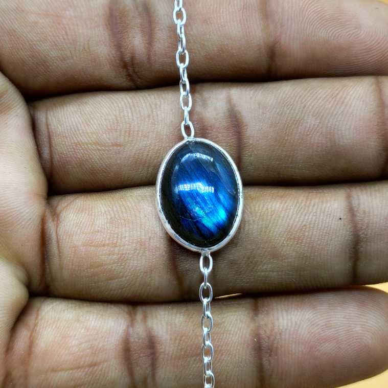 Handmade Sterling Silver 925 Chain Bracelet Oval Shape Labradorite