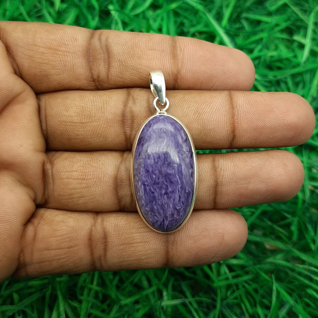 925 Sterling Silver Charoite Pendant – Natural Gemstone Handmade Nepali Jewelry