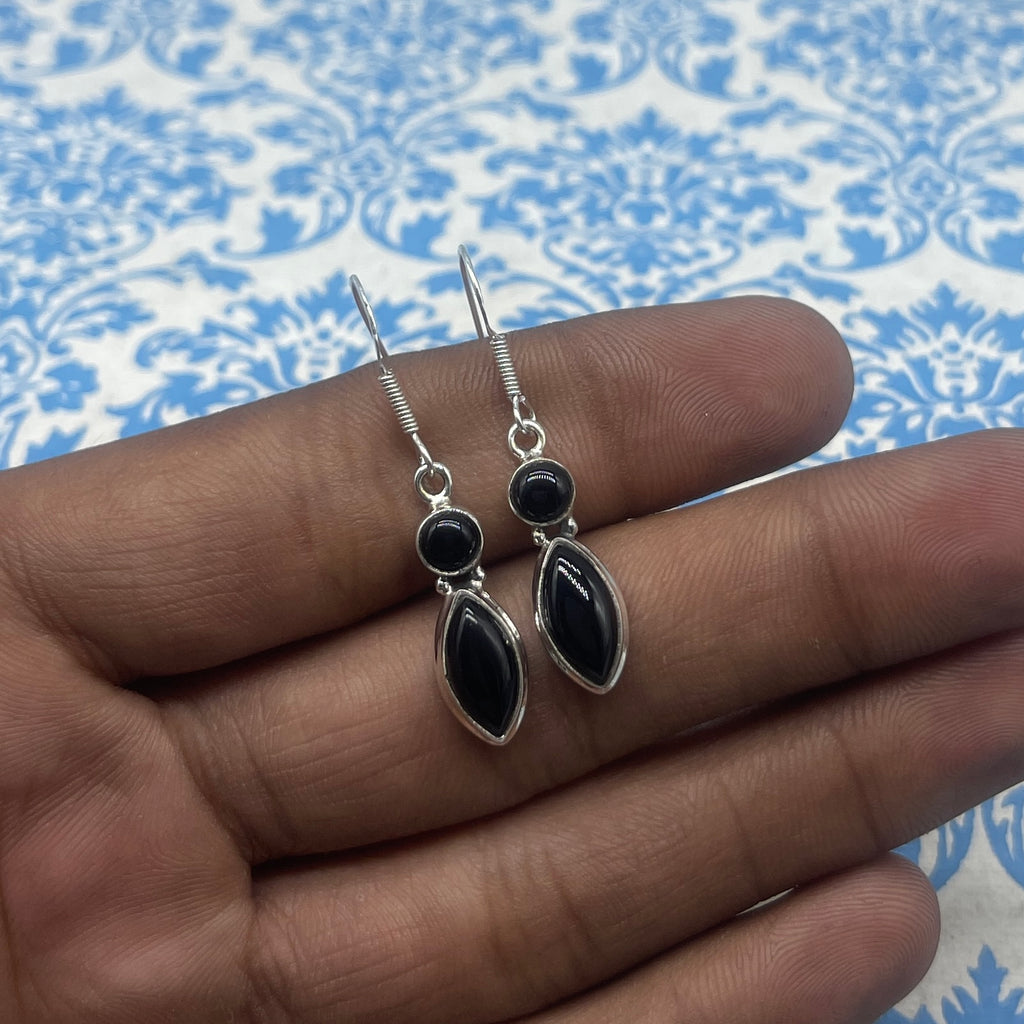 Elegant Black Onyx Silver Earrings – Marquise & Round Shape Design