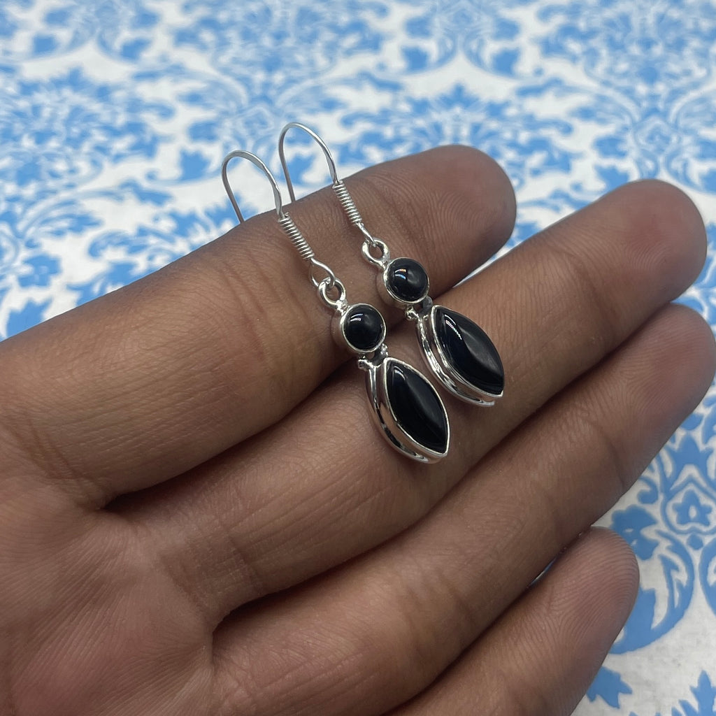 Elegant Black Onyx Silver Earrings – Marquise & Round Shape Design