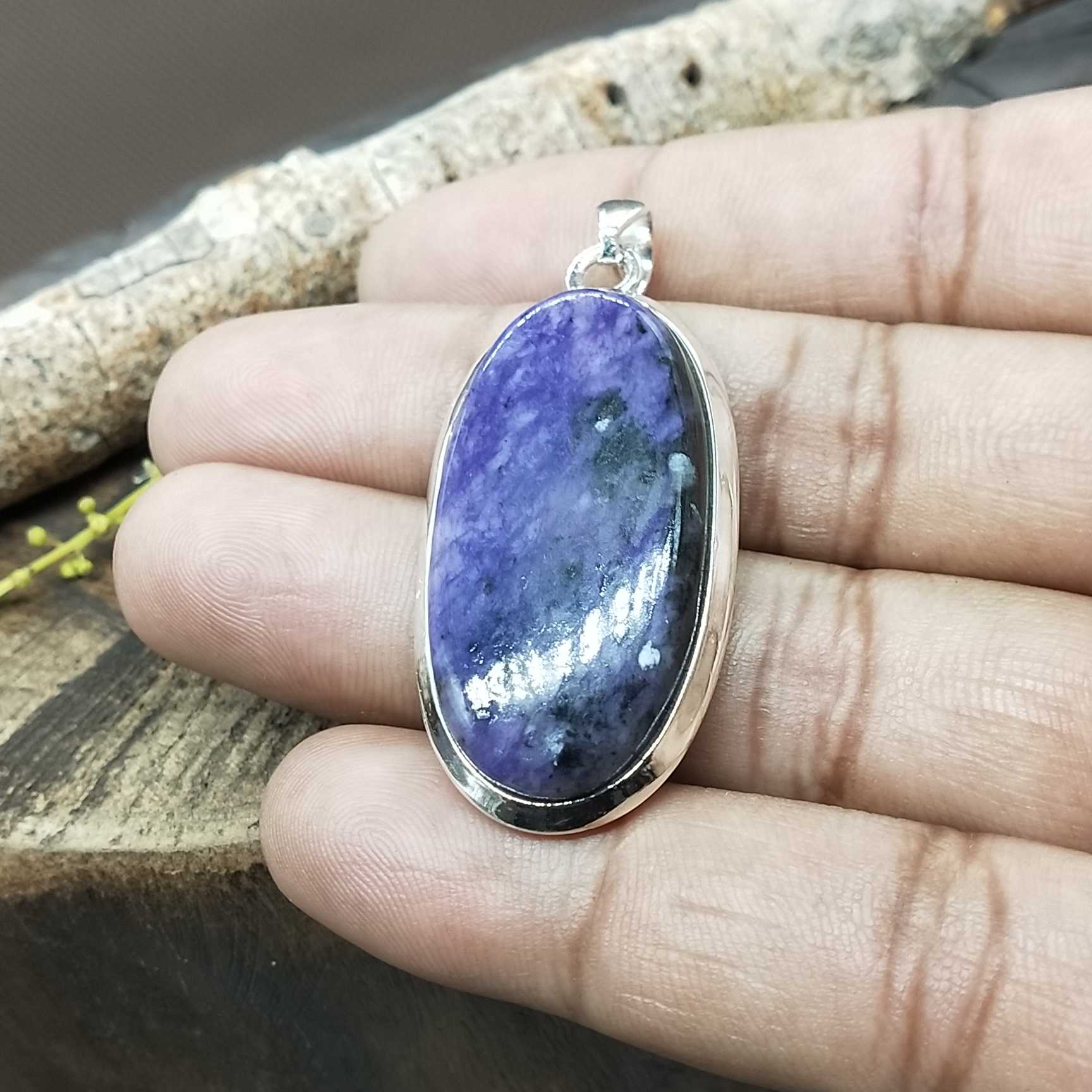 Charoite Bold Setting 925 Silver Pendant Handmade Ethnic Style