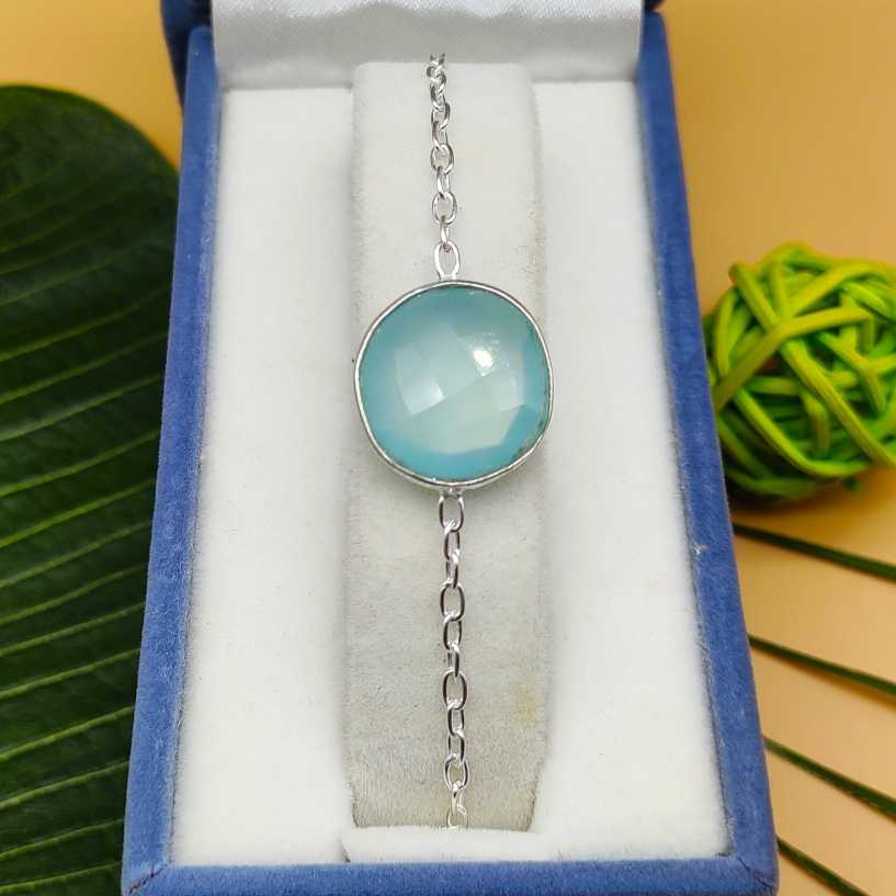 Faceted Round Shape Chalcedony Gemstone Handmade Sterling Silver 925 Chain Bracelet