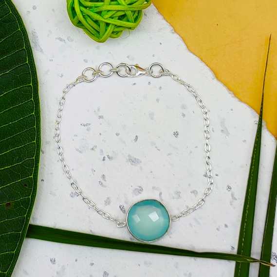 Faceted Round Shape Chalcedony Gemstone Handmade Sterling Silver 925 Chain Bracelet