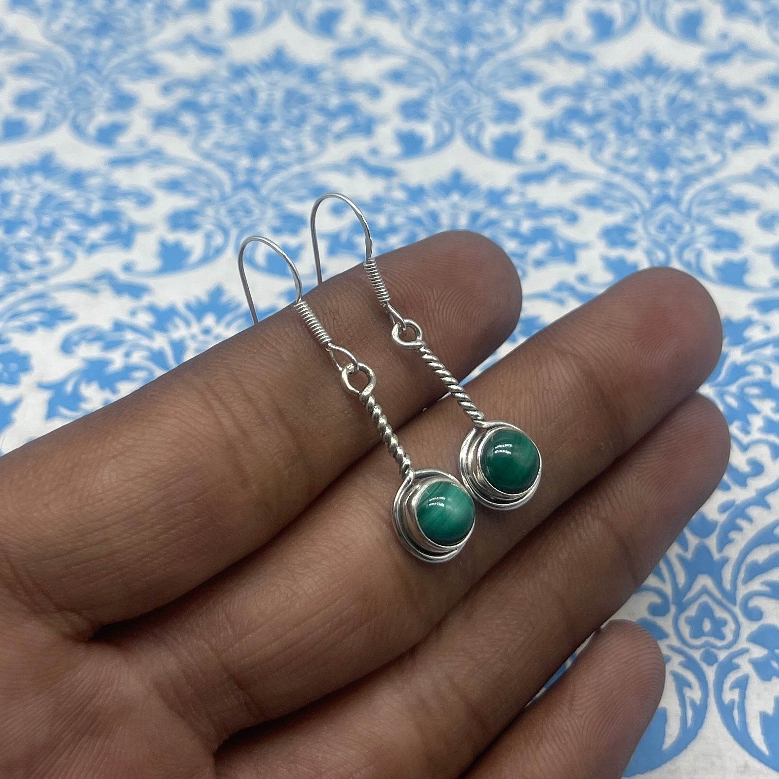Natural Malachite Dangle Earrings with 925 Sterling Silver