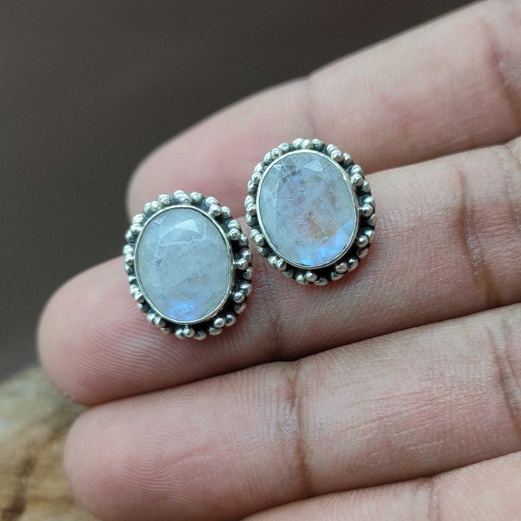 Rainbow Moonstone Studs Earring in 925 Silver