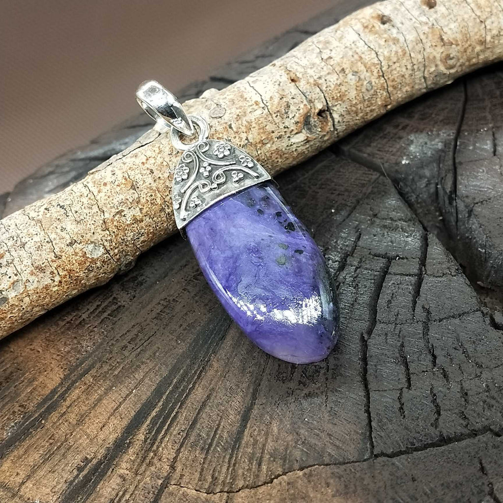 Charoite Cap Setting 925 Silver Pendant Handmade Ethnic Style