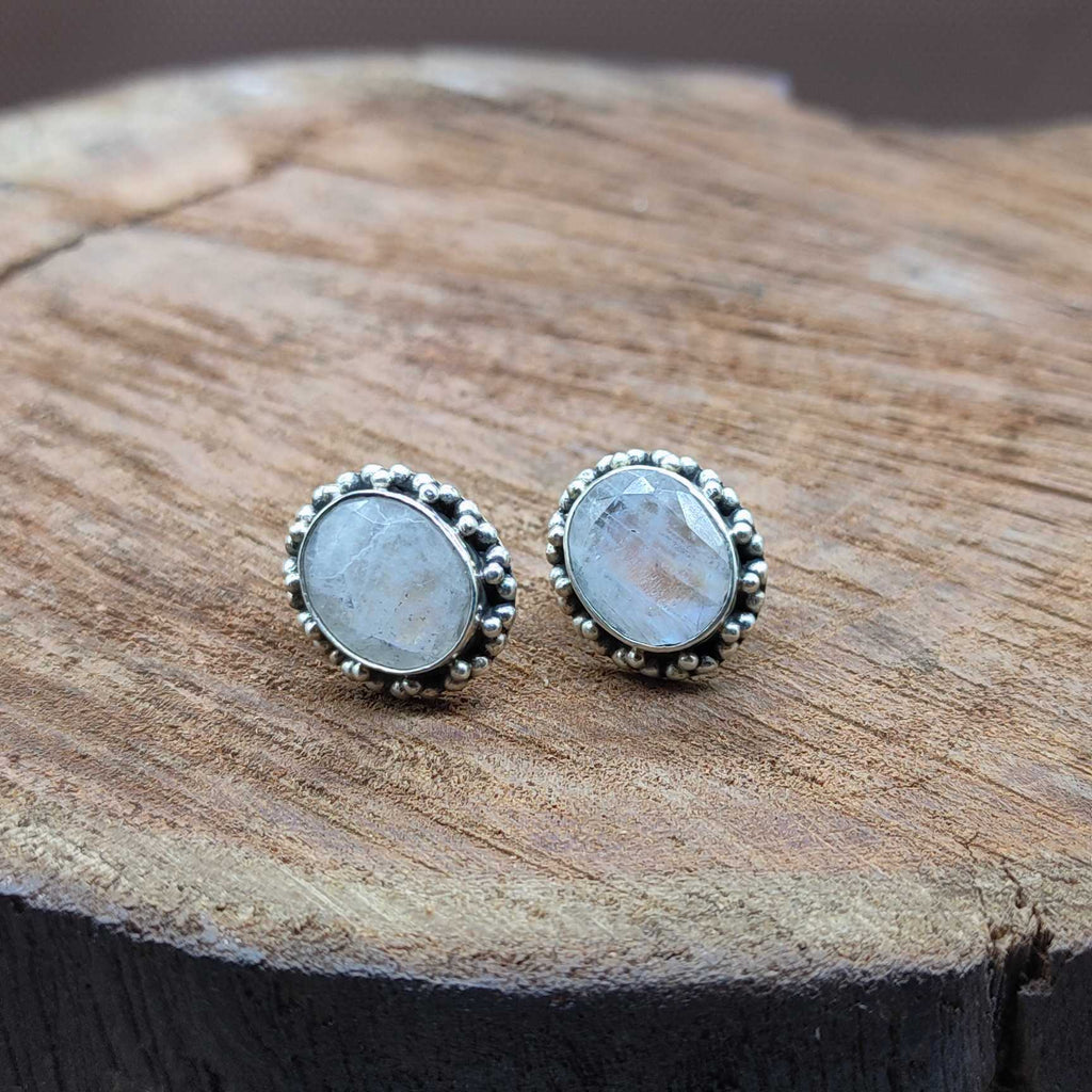 Rainbow Moonstone Studs Earring in 925 Silver