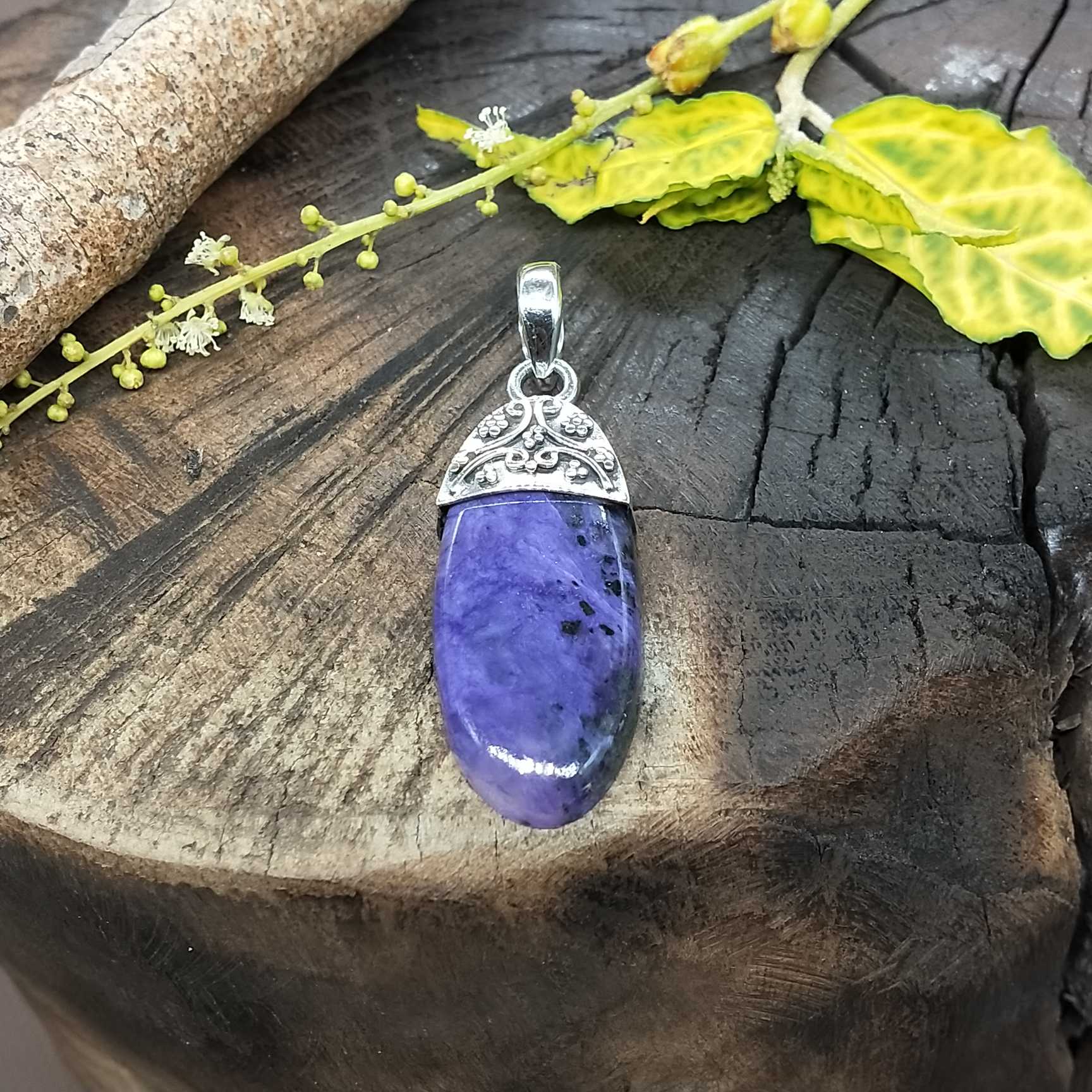 Charoite Cap Setting 925 Silver Pendant Handmade Ethnic Style