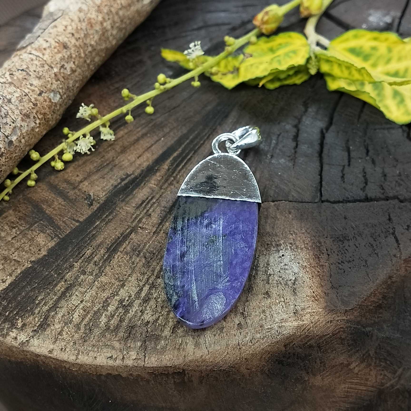 Charoite Cap Setting 925 Silver Pendant Handmade Ethnic Style