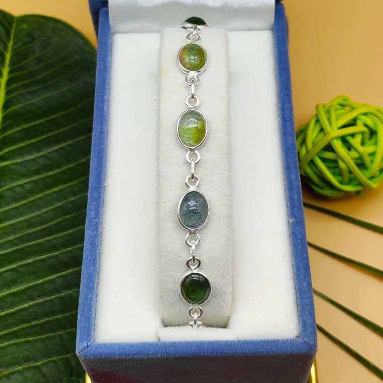 925 Silver Bezel Work Oval Green Tourmaline Gemstone Bracelet